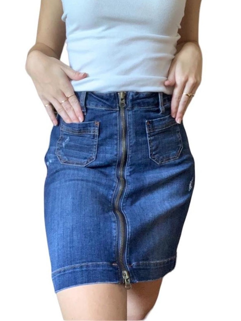 JAG Jeans Denim Mini Skirt Size 14 Medium Wash Front Zip Stretch Distressed